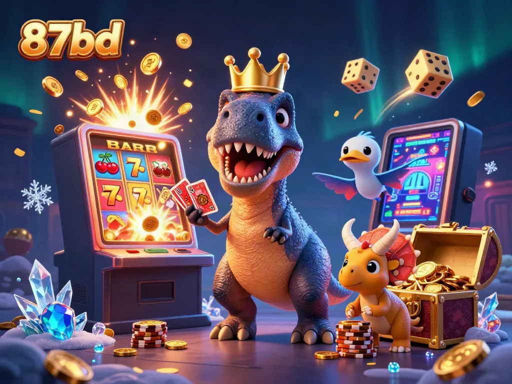 Experience thrilling gaming with 87bd, featuring animated characters and vibrant casino elements.