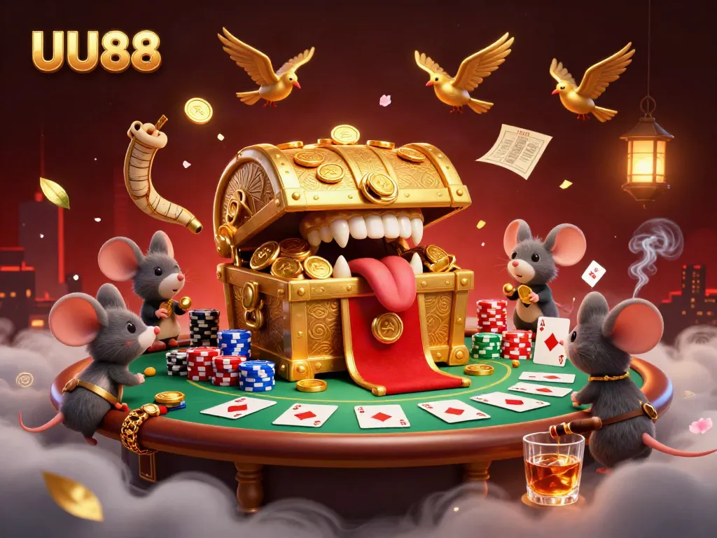 Engaging scene of the UU88 casino with a treasure chest, poker table, and rich atmospheric details.