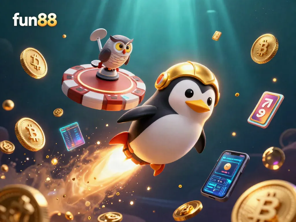 Bet big with fun 88 as a golden penguin heads to a vibrant casino station.