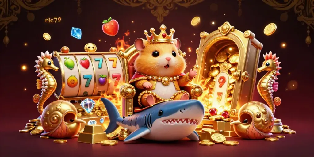 Spin the reels with ric79 while the golden hamster king reigns over treasures in a vibrant casino.