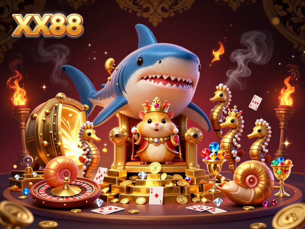 Experience thrilling live casino action at XX88, featuring a golden hamster king and royal guards amidst treasure!