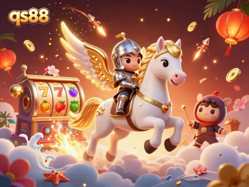 Spin the reels at qs88 with our celestial horse and knight, celebrating casino excitement.