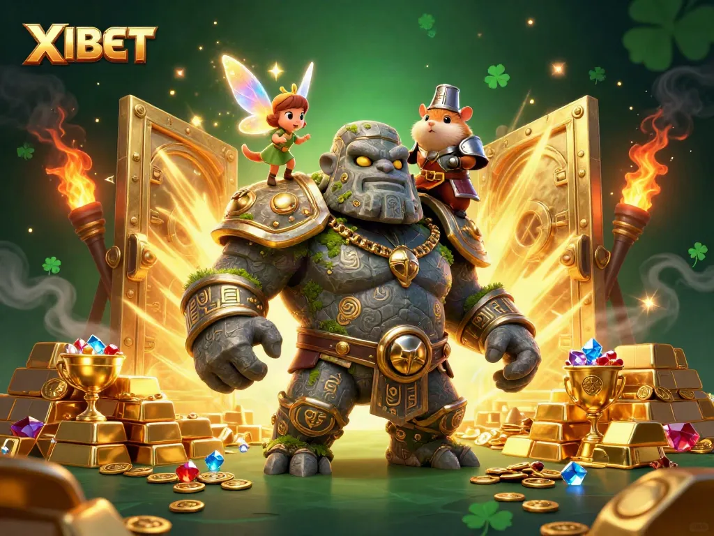 XIBET offers an enchanting experience with a magical golem and companions celebrating casino glory.