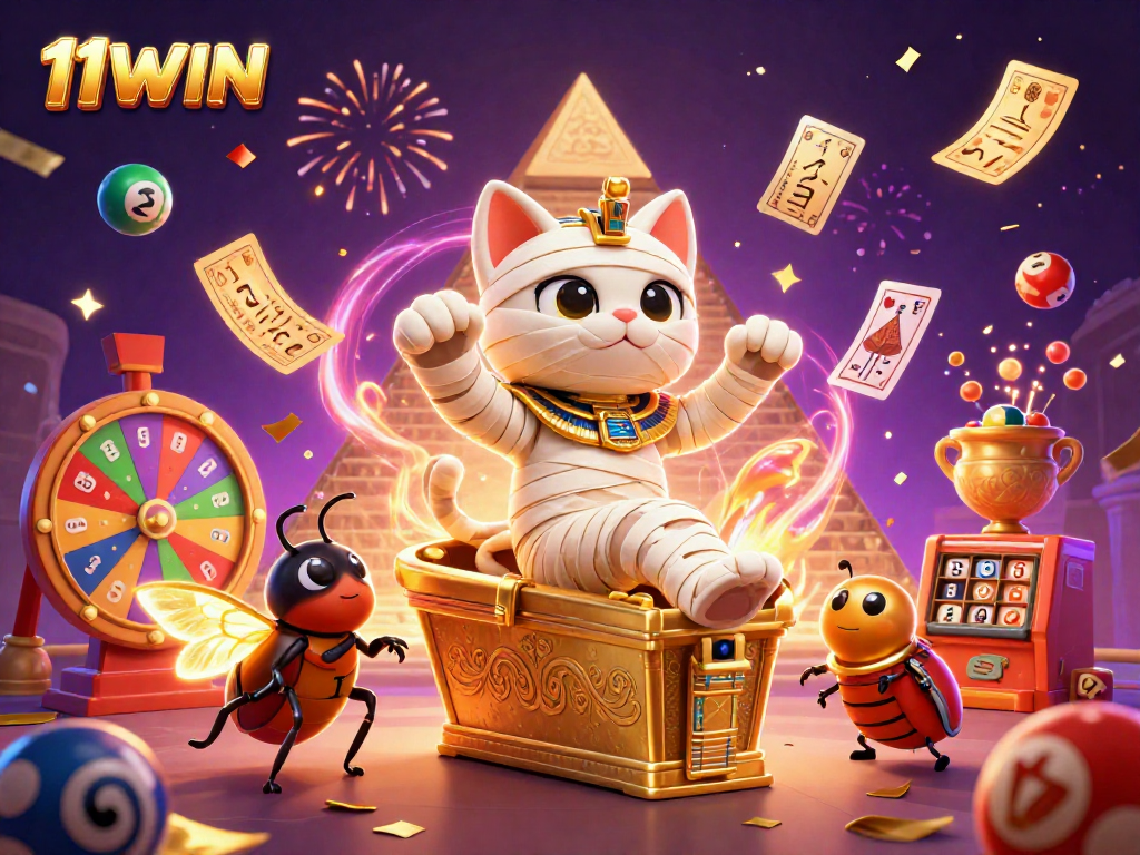 Experience thrilling wins at 11WIN with the Egyptian mummy cat in a vibrant casino scene.