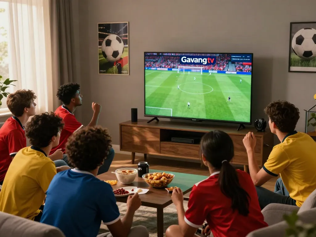Fans joyfully watching a football match on Gavangtv in a cozy living room.