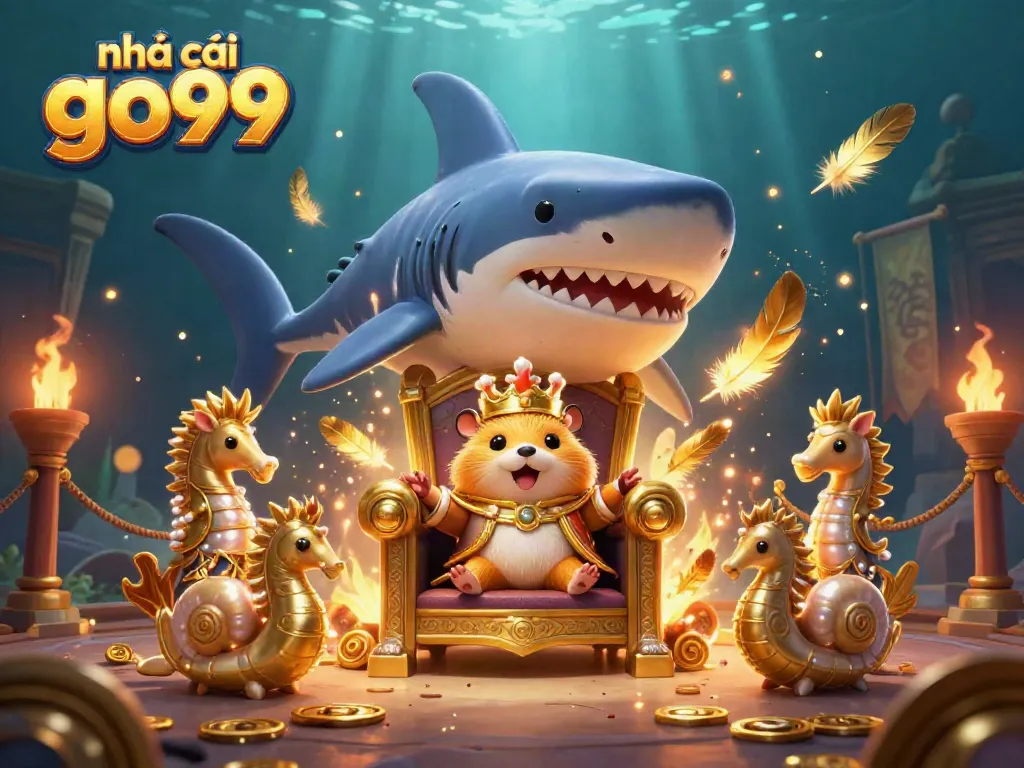 Experience the house edge with a vibrant 3D illustration showcasing nhà cái go99 featuring a golden hamster king amid colorful casino elements.
