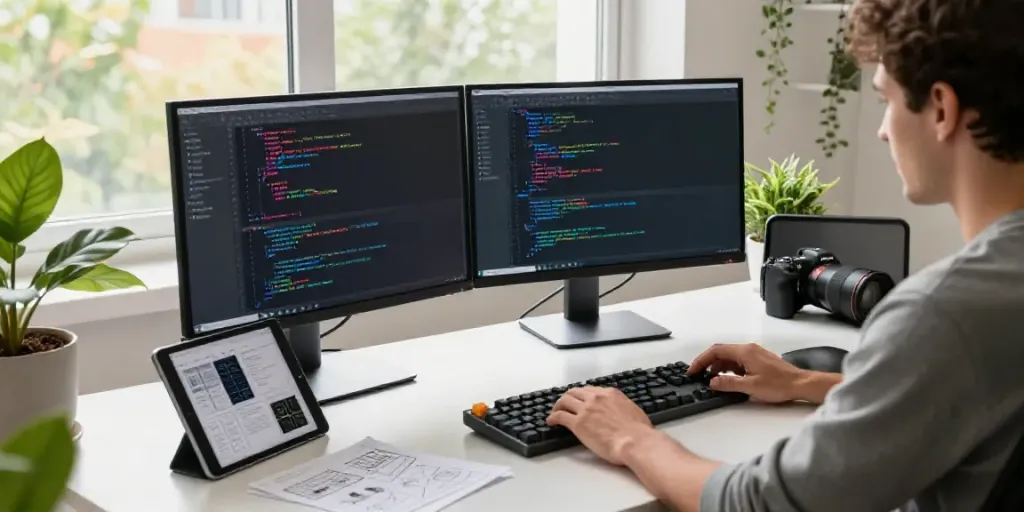 Dynamic workspace highlighting WordPress plugins development with vibrant coding and design elements.