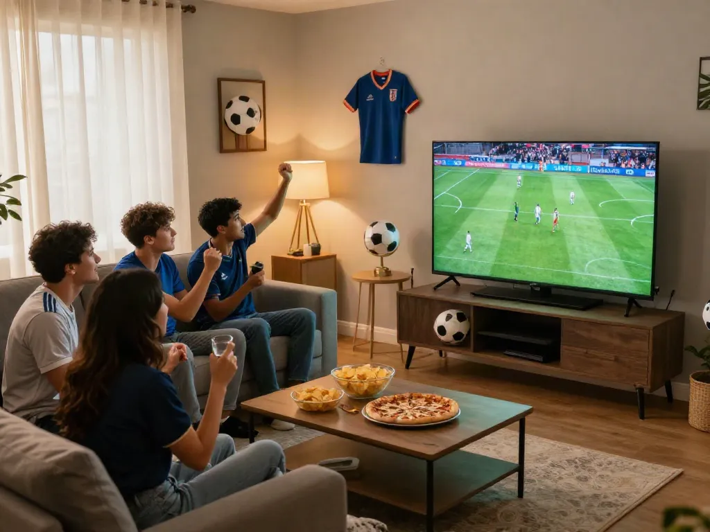 Friends enjoying a match while watching Thapcamtv in a cozy living room.