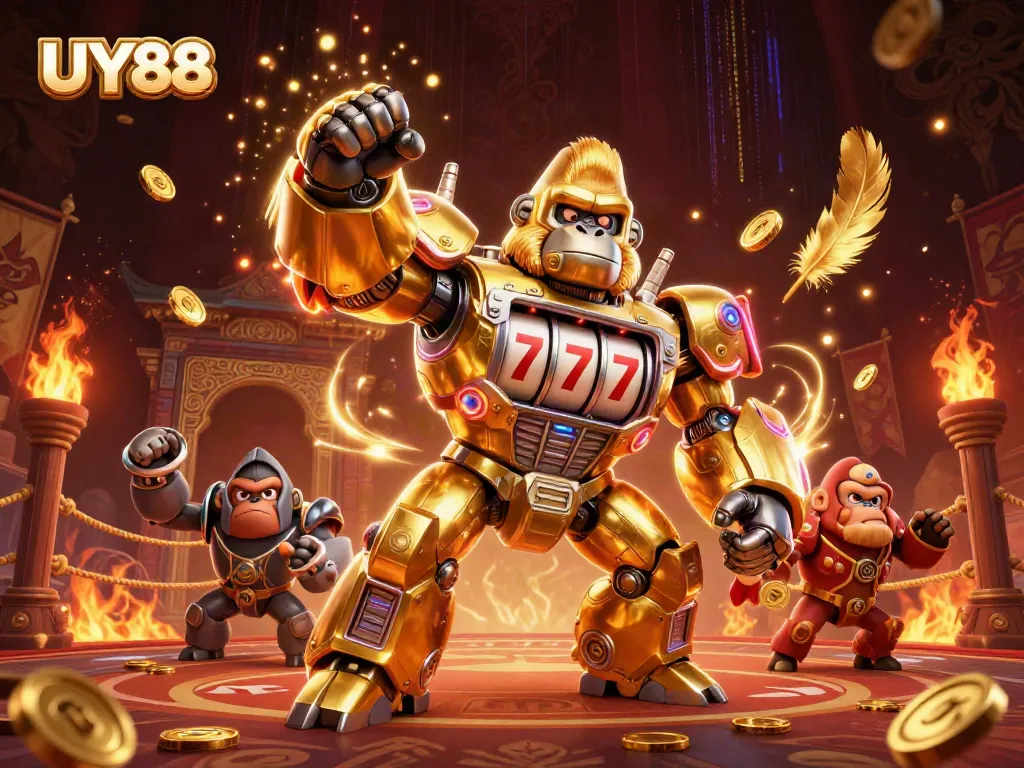 Engage in thrilling gameplay with the UY88 gorilla mech slot machine surrounded by casino elements.