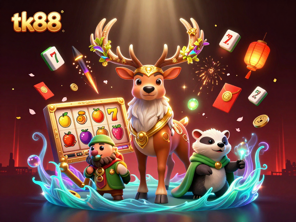 Engage with tk88: Experience an energetic casino scene filled with vibrant slot reels and mystical characters.