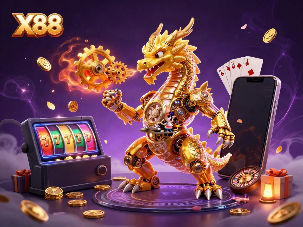 Engage with X88's vibrant casino scene featuring a golden dragon and exciting game elements