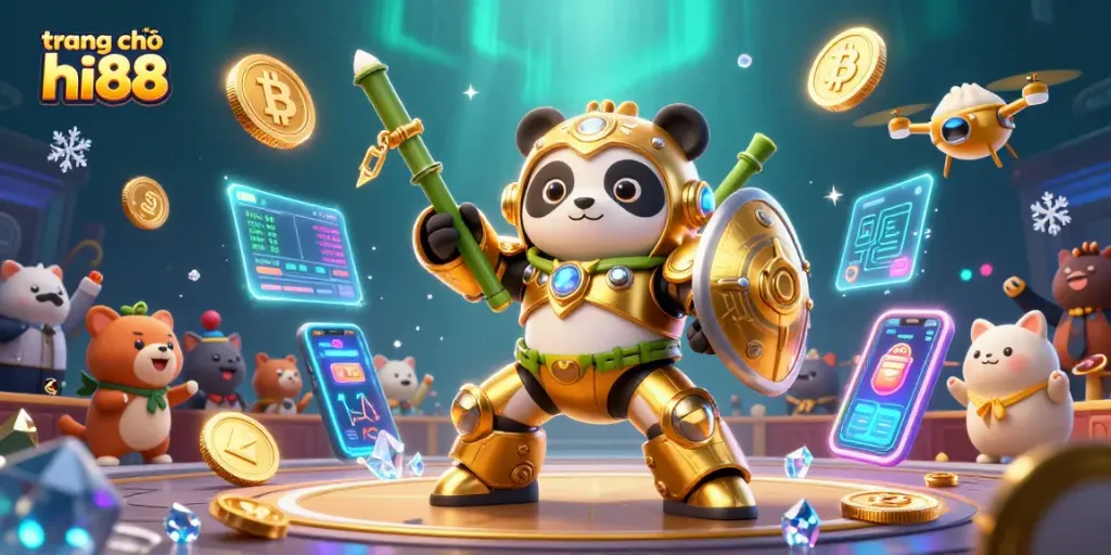Engage in the dynamic gaming world of trang chủ hi88 with 3D cartoon characters and vibrant crypto elements.