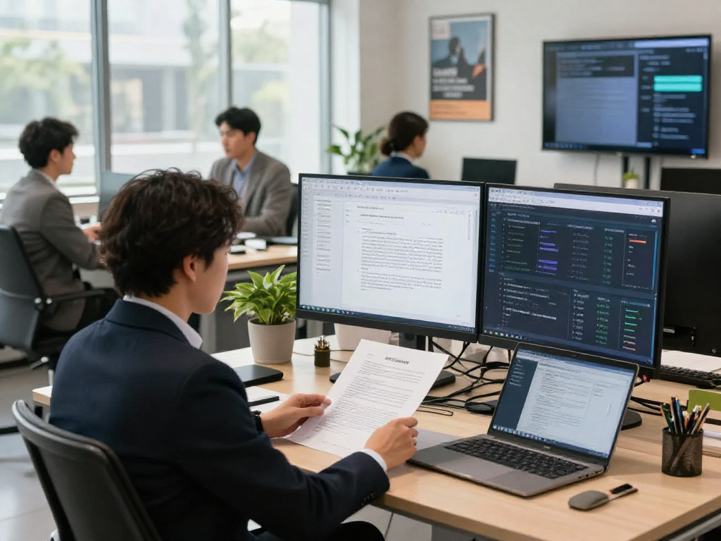 Document fraud detection analysis in a modern office with compliance officer reviewing digital documents.