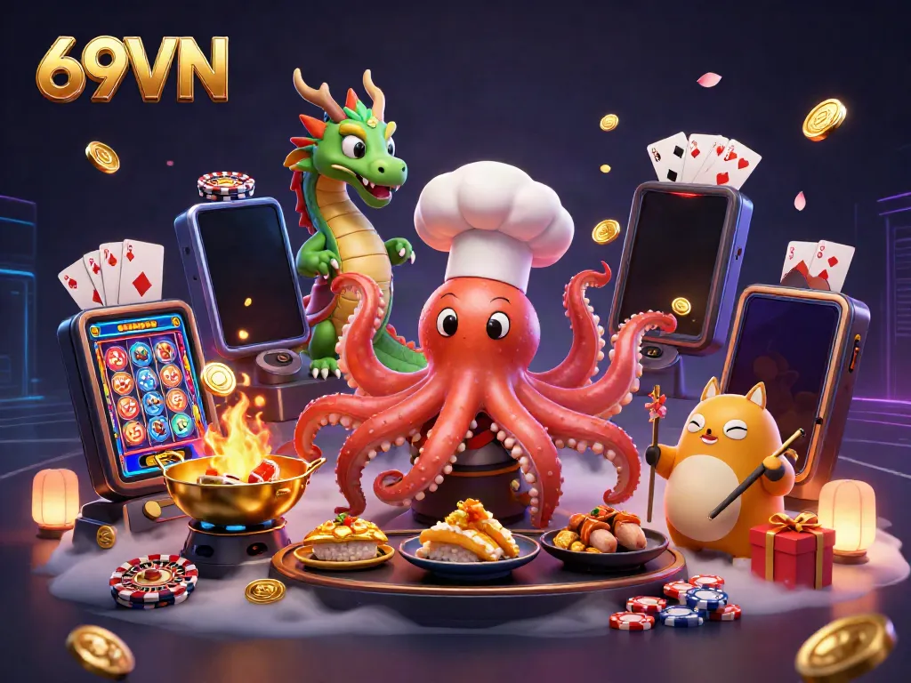 Experience the excitement of 69VN with dynamic characters, slot games, and casino elements in a vibrant scene