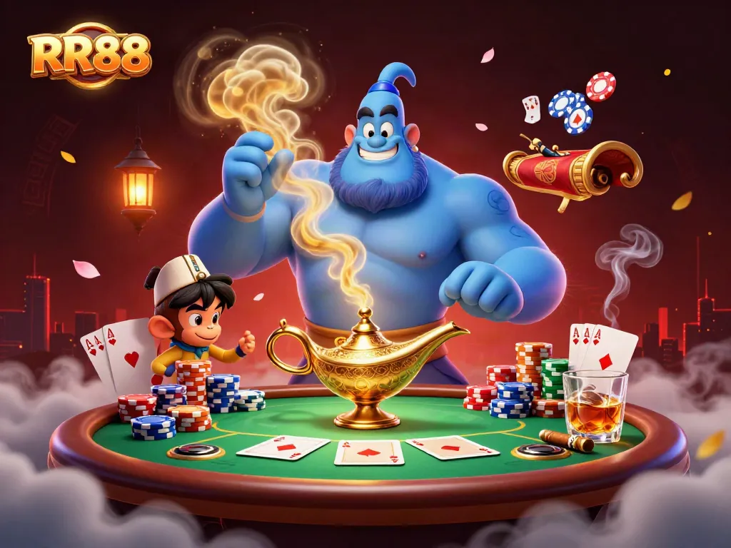 RR88 brings excitement to players with vibrant poker and casino elements in a stunning illustration.