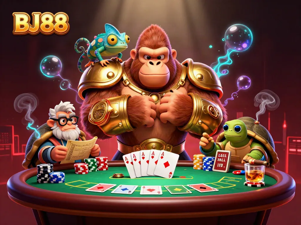 BJ88 casino scene featuring a powerful gorilla, chameleon, and tortoise with poker elements