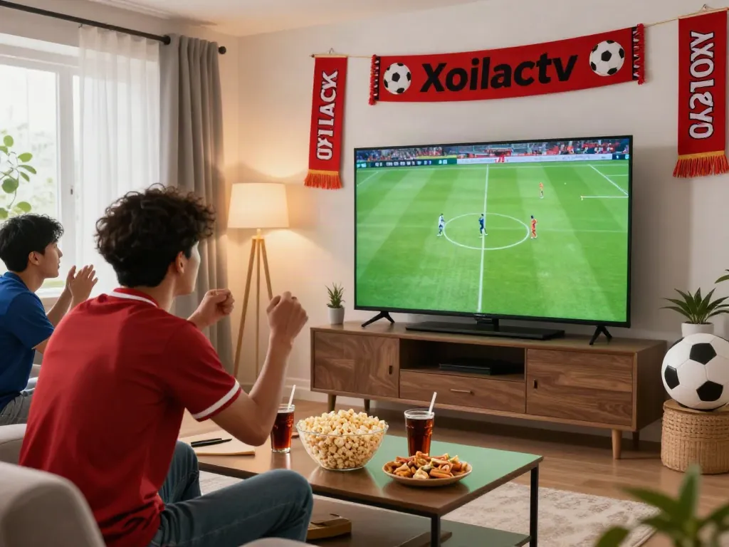 Excited soccer fan watching a match on Xoilactv in a vibrant living room.