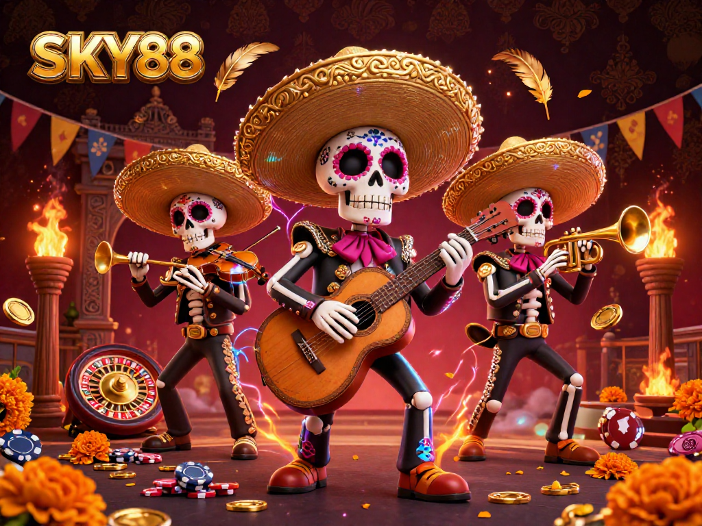 Experience thrilling gameplay at SKY88 with a vibrant casino-themed mariachi band illustration.