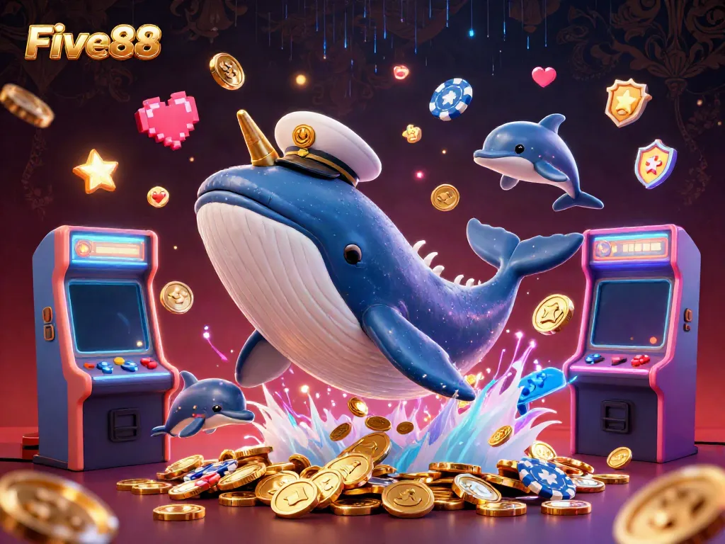 Experience an exciting moment at Five88 with a cartoon whale, narwhal, and dolphins celebrating among coins.