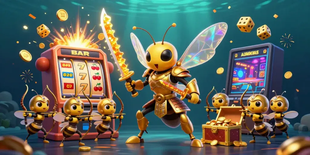Experience the excitement of 13win with a vibrant illustration of a golden hornet samurai among slot machines and casino elements.