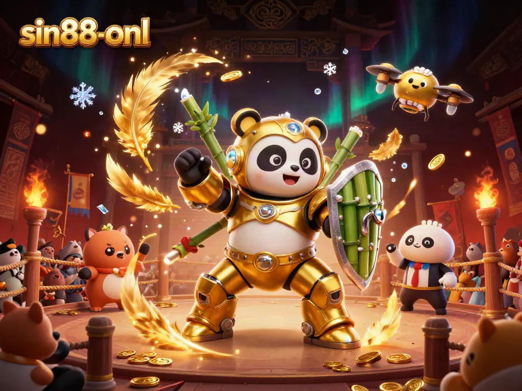 Experience thrilling action at sin88-onl with a golden panda in an arena surrounded by vibrant game elements.
