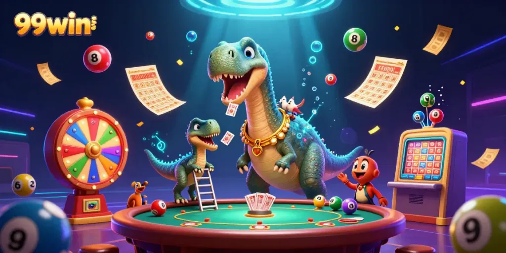 Experience thrilling gameplay at 99win si with vibrant lottery elements and playful characters in a dynamic setting.