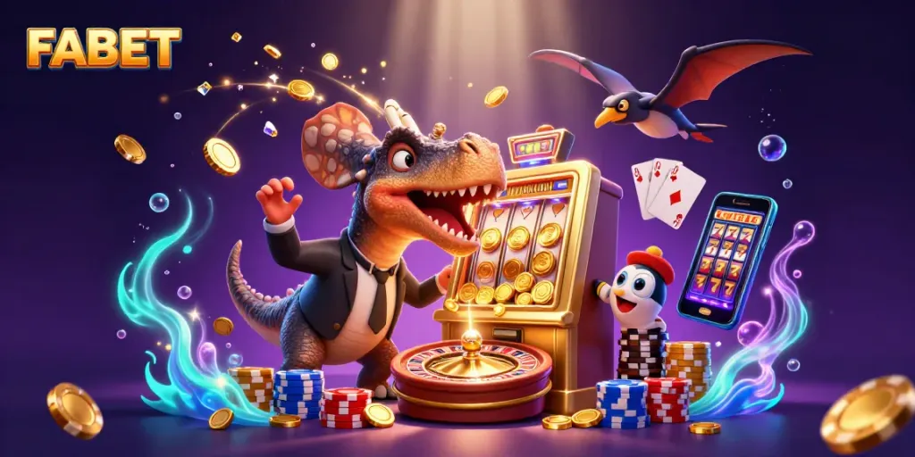 FABET slots scene with a dinosaur headbutting a slot machine, claiming golden jackpot coins.