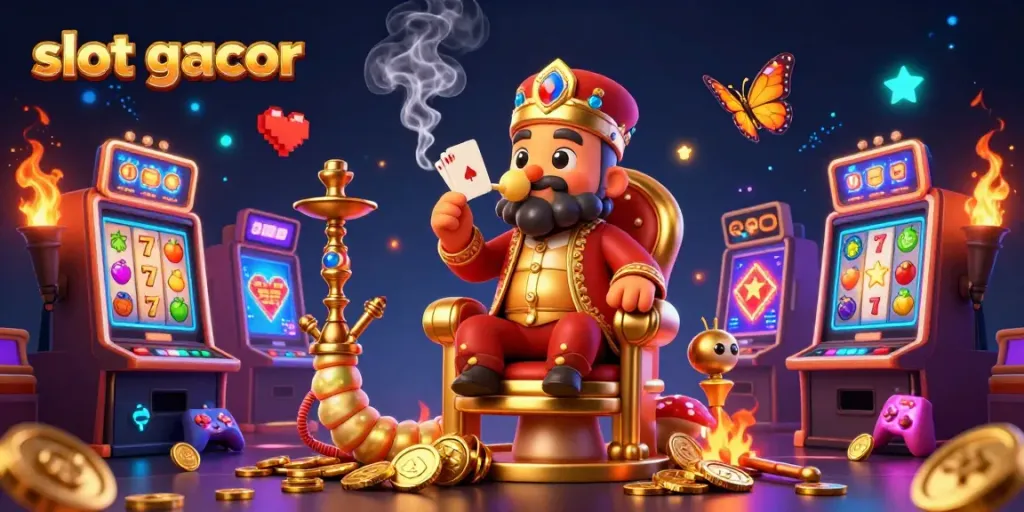 Experience the thrill of slot gacor with vibrant 3D casino illustrations showcasing dynamic slot reels and colorful gaming elements.