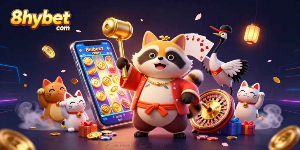 Experience the thrill of winning with 8xbet com in this vibrant 3D casino scene featuring lucky characters.