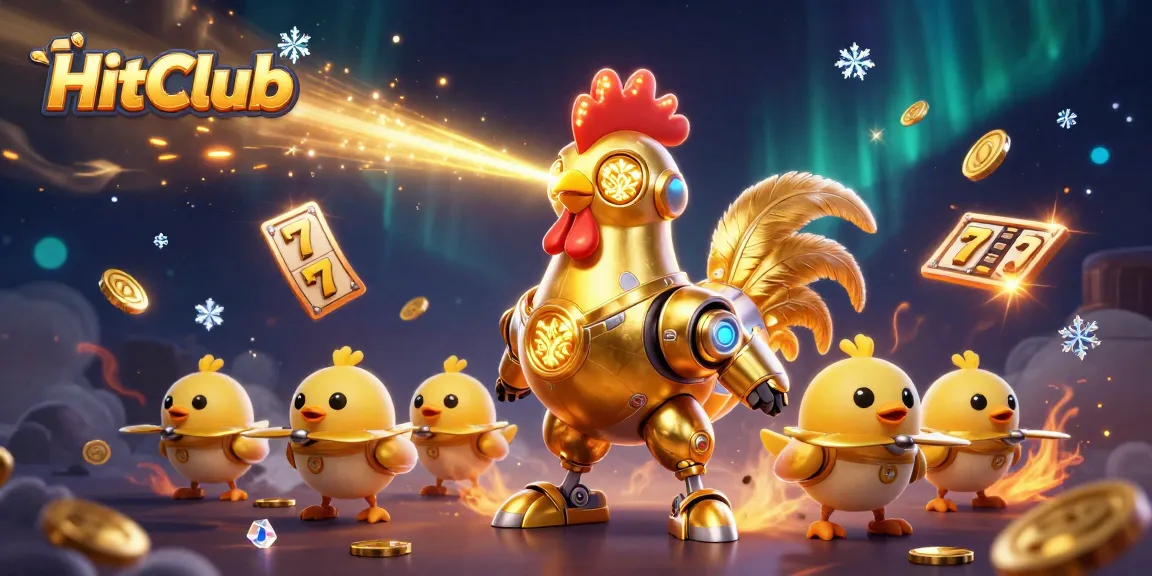 Experience thrilling action at HitClub with a golden rooster robot and baby chick drones in a dynamic casino scene.