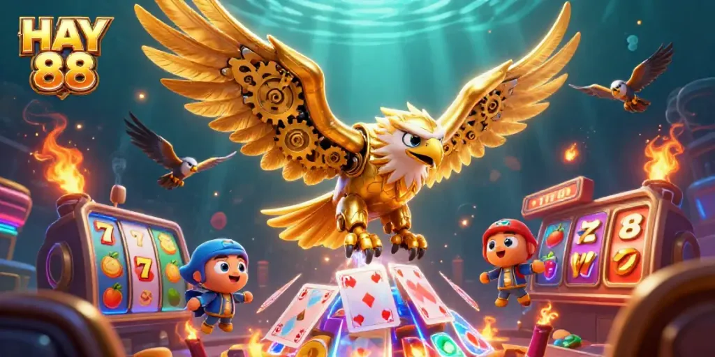 Experience the thrill of casino games with HAY 88, featuring a golden eagle and vibrant slot elements.