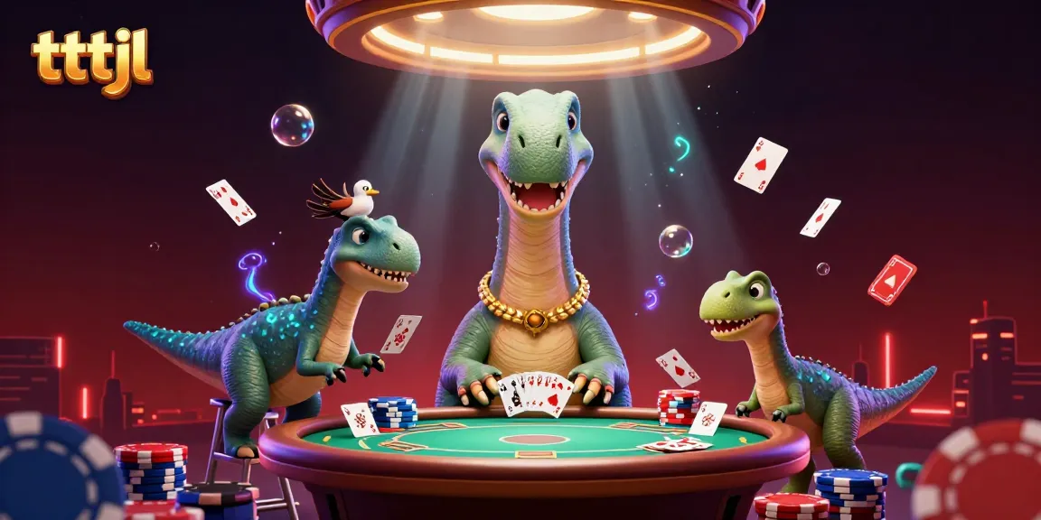 tttjl showcases a playful poker scene with a dinosaur dealer for an engaging gaming experience