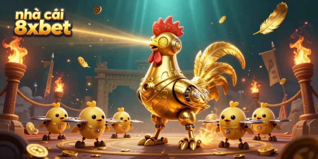 Engage with nhà cái 8xbet, a vibrant online casino showcasing a dynamic scene with a golden rooster robot and baby chick drones.