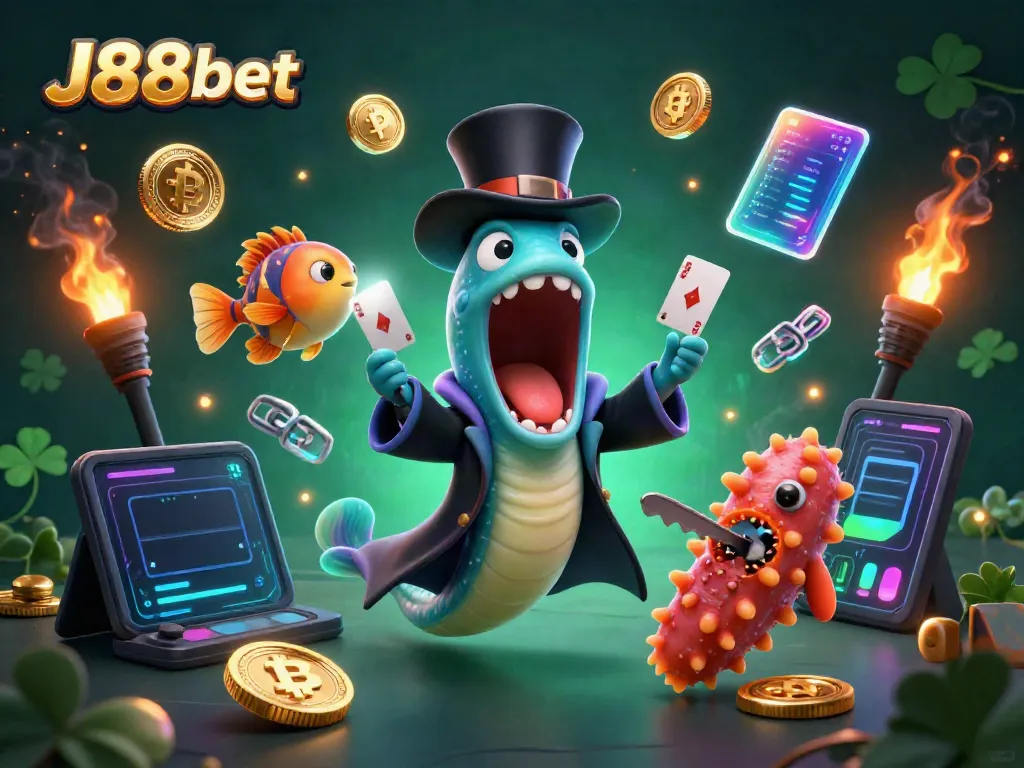 Experience J88bet's exciting card magic show with bioluminescent sea creatures in a vibrant underwater casino.