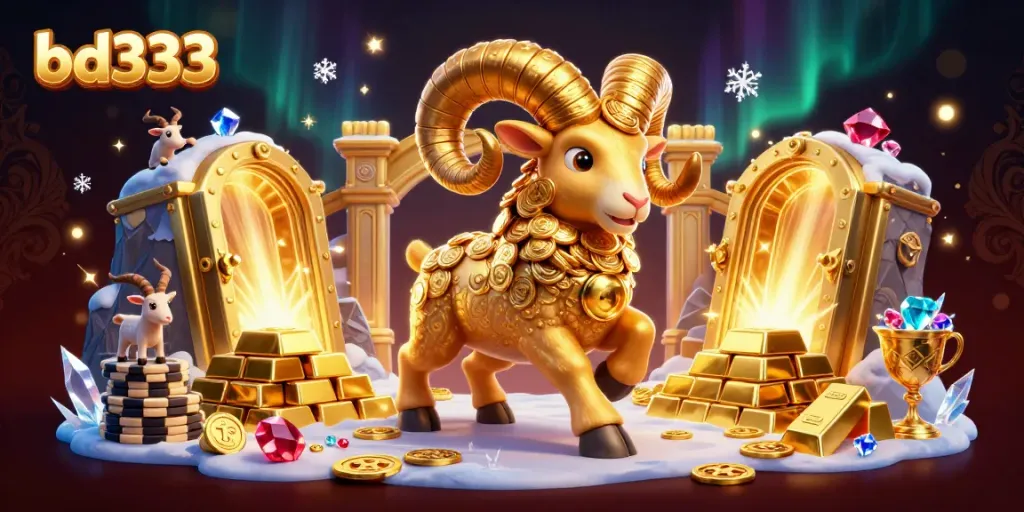 Experience the excitement at bd333 with a dynamic golden ram symbolizing wins in an extravagant casino scene.