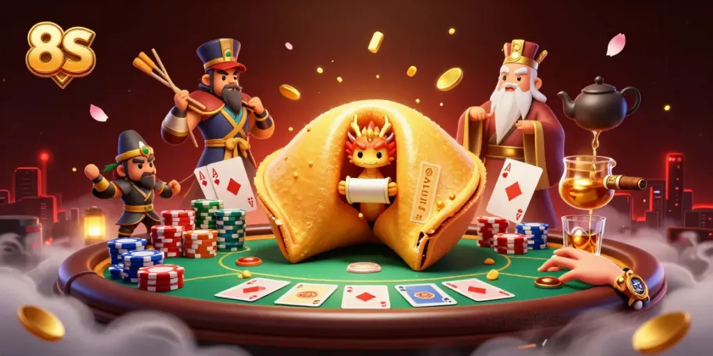 Experience thrilling gaming moments with the 8S themed fortune cookie scene in a casino.