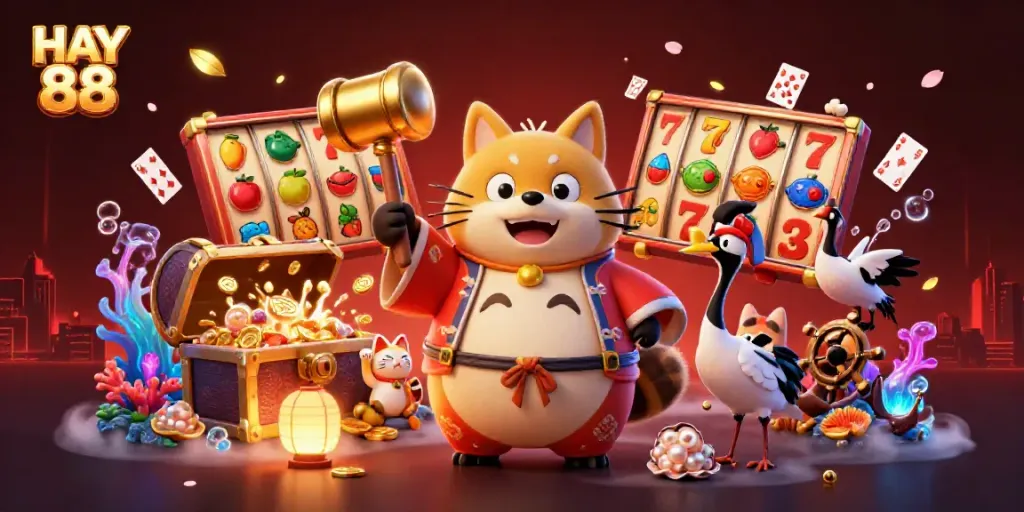 HAY 88 slots illustration featuring a cheerful tanuki and lucky symbols in a vibrant casino scene.