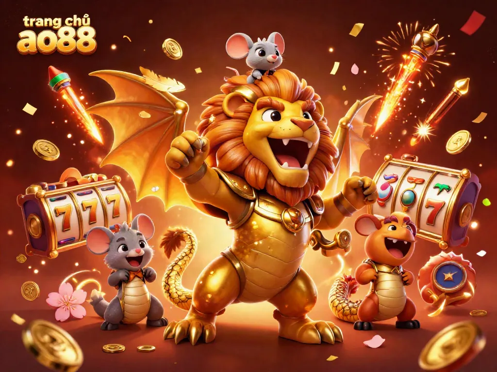 Experience the excitement of trang chủ ao88 with a roaring chimera, thrilling slot reels, and celebratory elements.