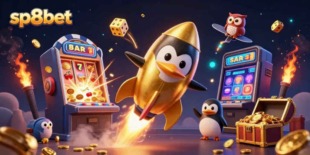 Engage in thrilling gameplay at sp8bet with vibrant casino elements and a golden penguin hero.