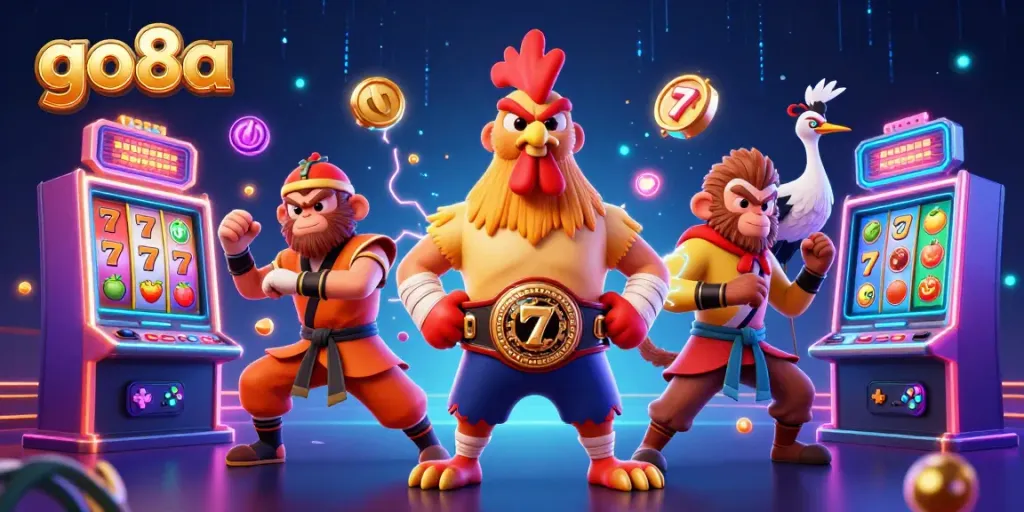 Experience the excitement of go8a with a vibrant scene of animated characters amidst colorful slot machines.