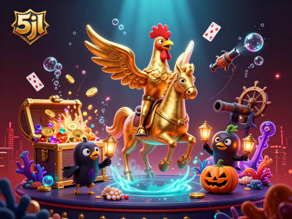 Engage in thrilling gaming with 5jl as a golden rooster surveys a midnight casino scene.