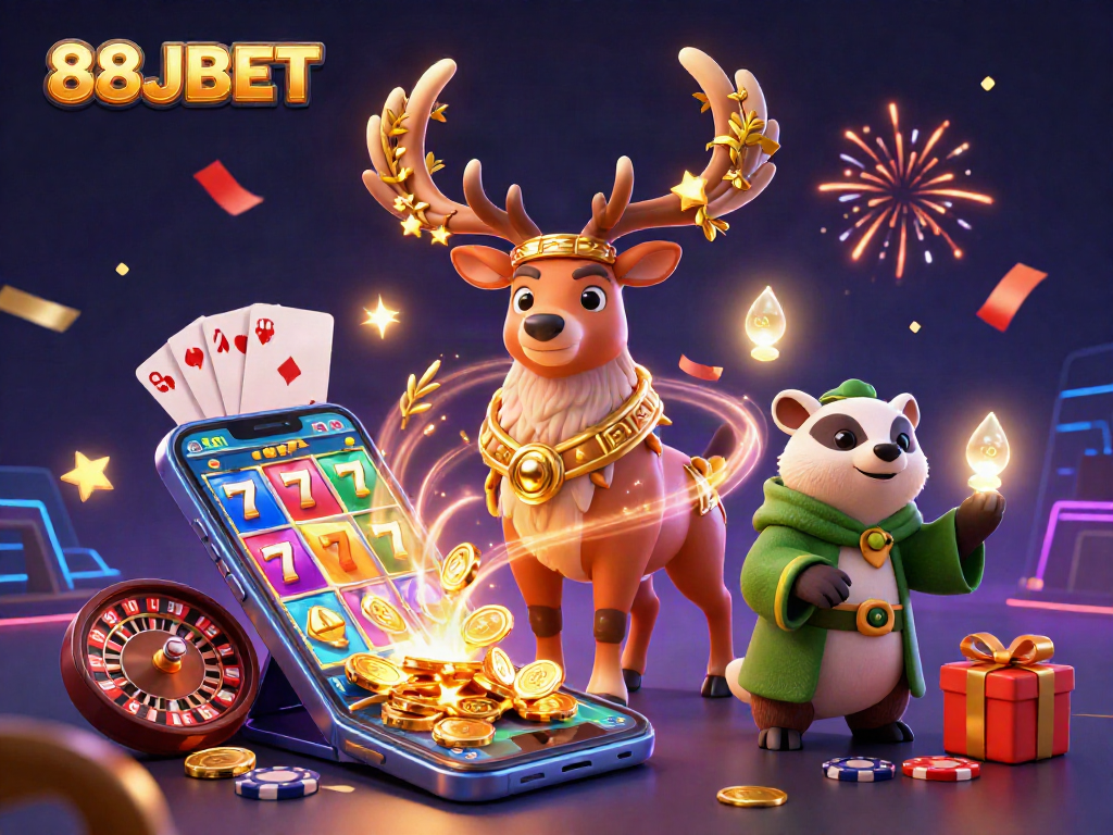 Spin the reels and win big with 88JBET's vibrant gaming experience featuring festive characters.
