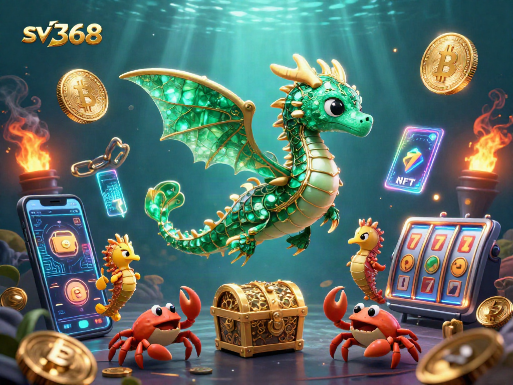 Play exciting games at sv368 with a vibrant scene featuring fantasy characters and crypto elements.