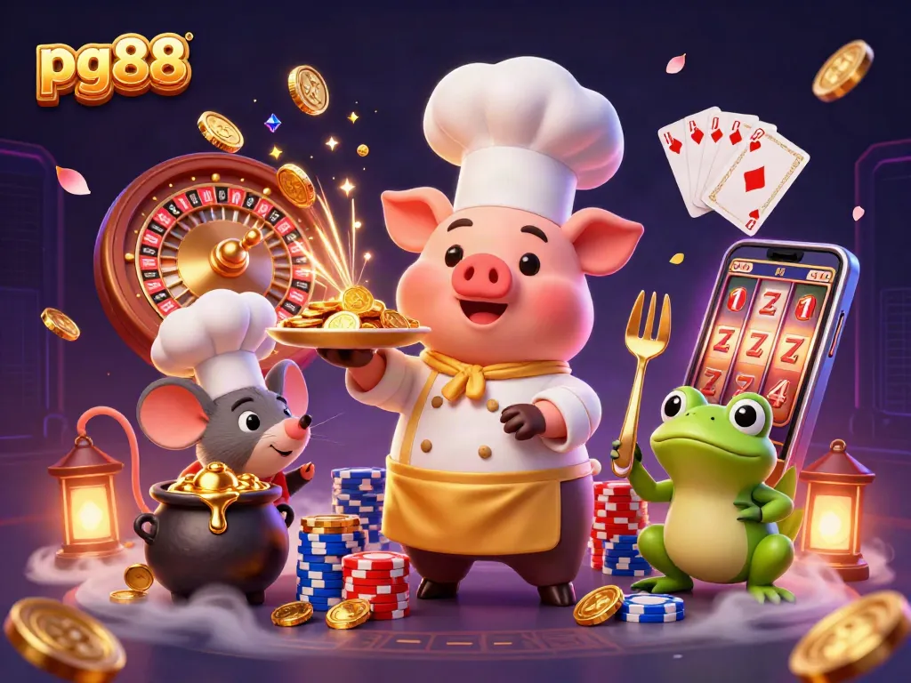Celebrate gaming excitement at pg88 with a chef pig serving gold, plus vibrant casino elements.