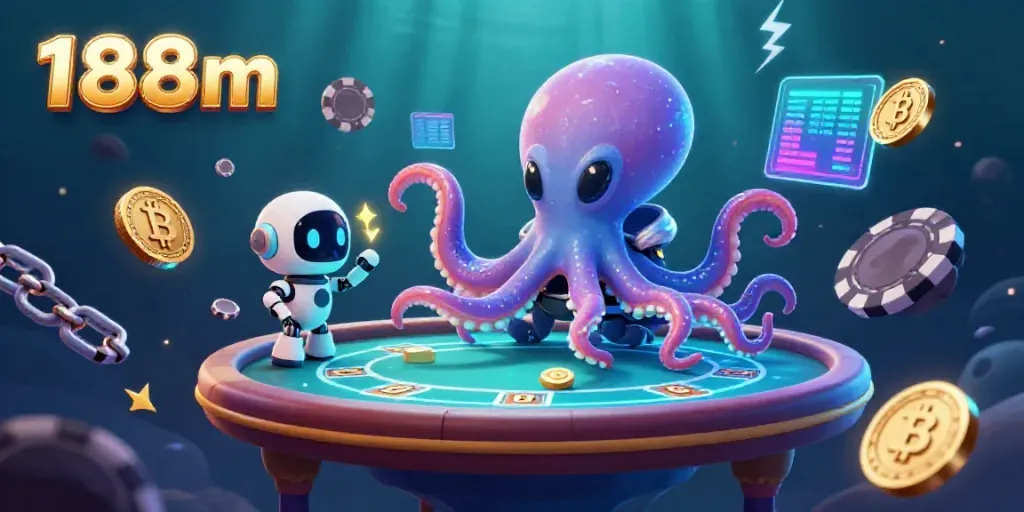 Engage in thrilling poker adventures with 188m, featuring a cartoon octopus and crypto elements.