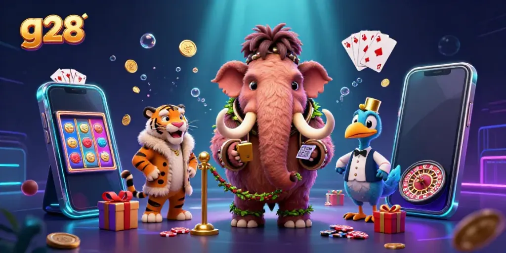 Experience g28 in action with vibrant casino characters and gaming elements showcased in a thrilling scene.