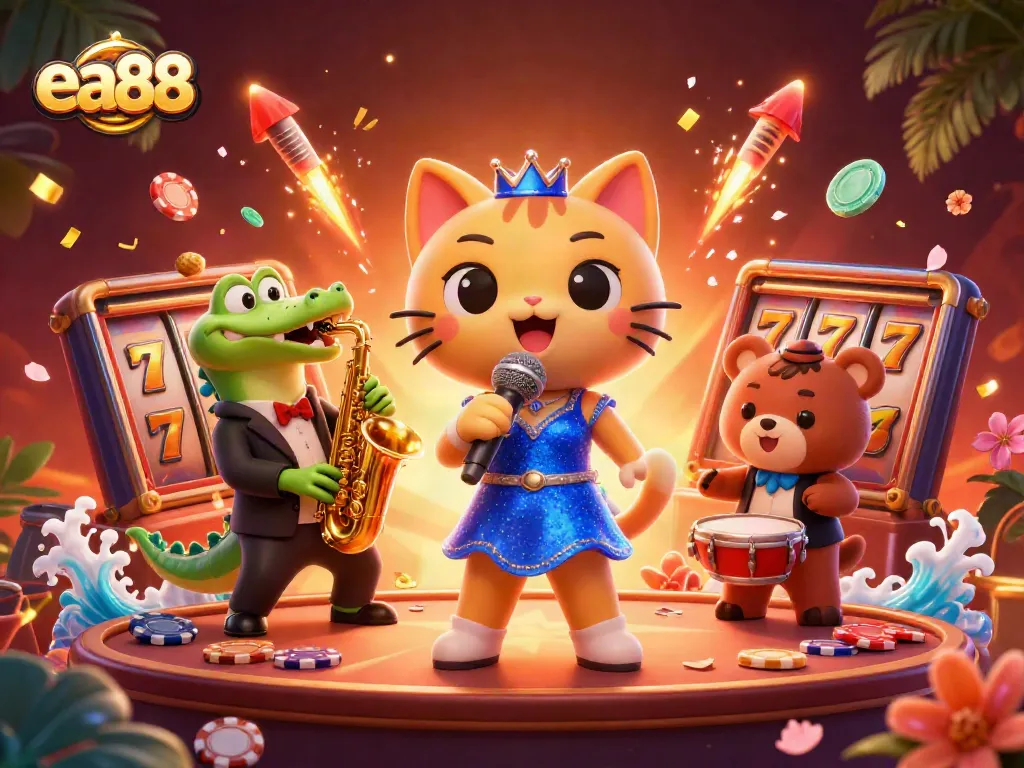 Experience exhilarating casino fun with ea88 characters singing and playing instruments amid dynamic gaming symbols.