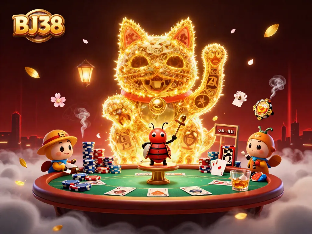 BJ38 celebrates luck with a golden cat among poker elements and vibrant casino atmosphere.