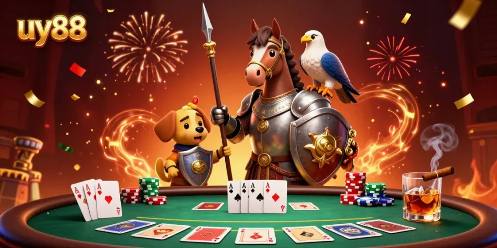 Engage in casino excitement with uy88 as a knight and friends enjoy a poker game.