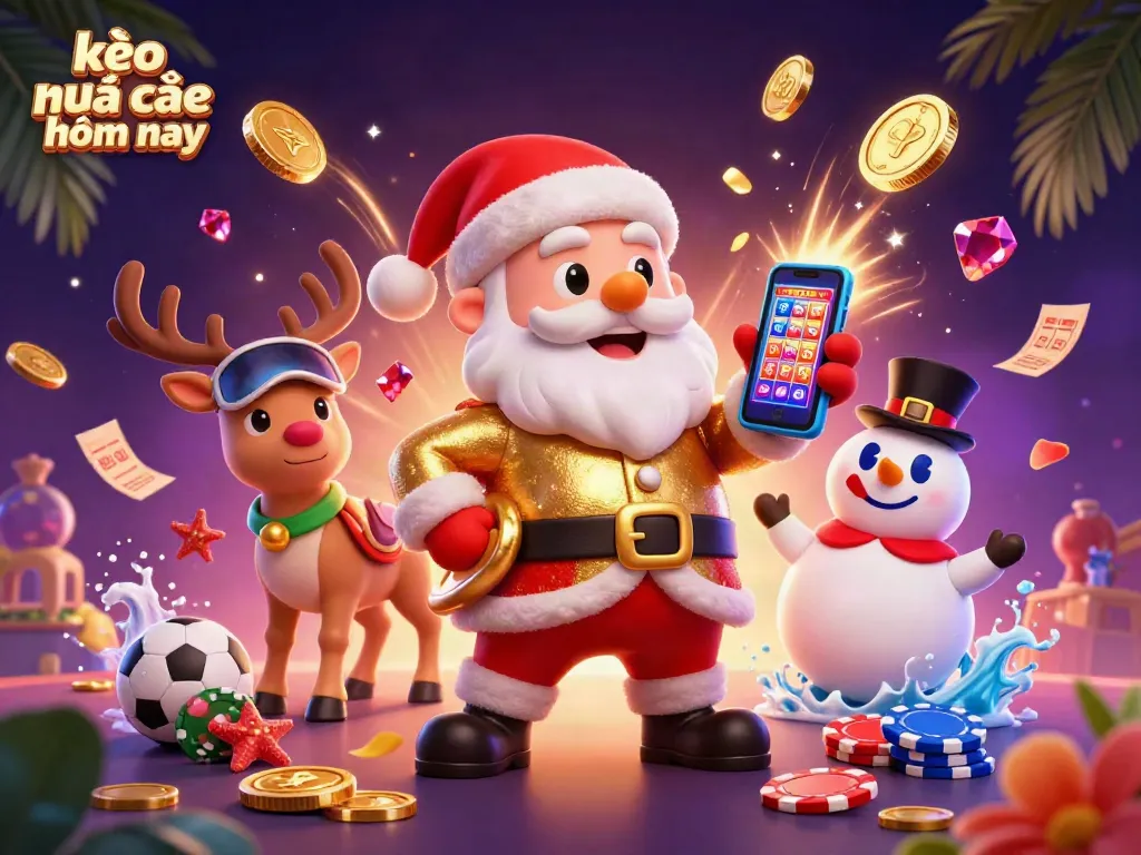 Experience kèo nhà cái hôm nay with Santa and friends celebrating sports betting in a vibrant casino scene.